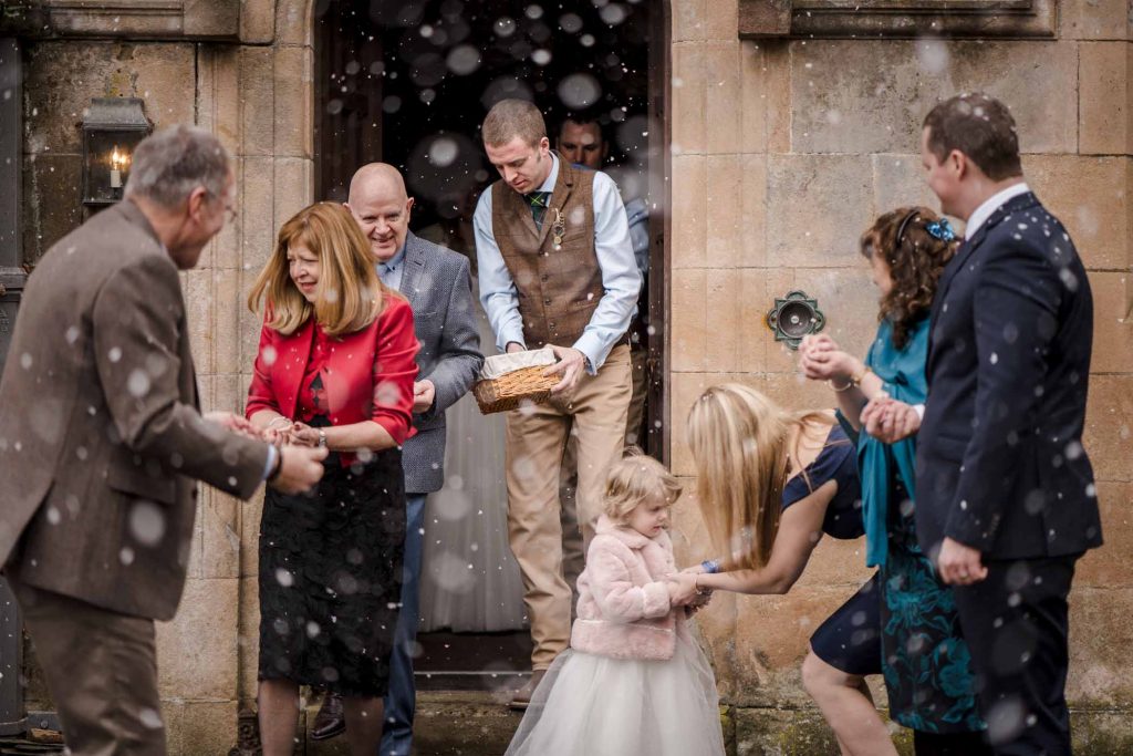 wedding guests at Kyllachy House and it started snowing