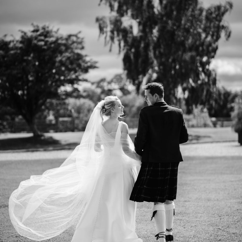 Newlyweds walking hand in hand towards a tree