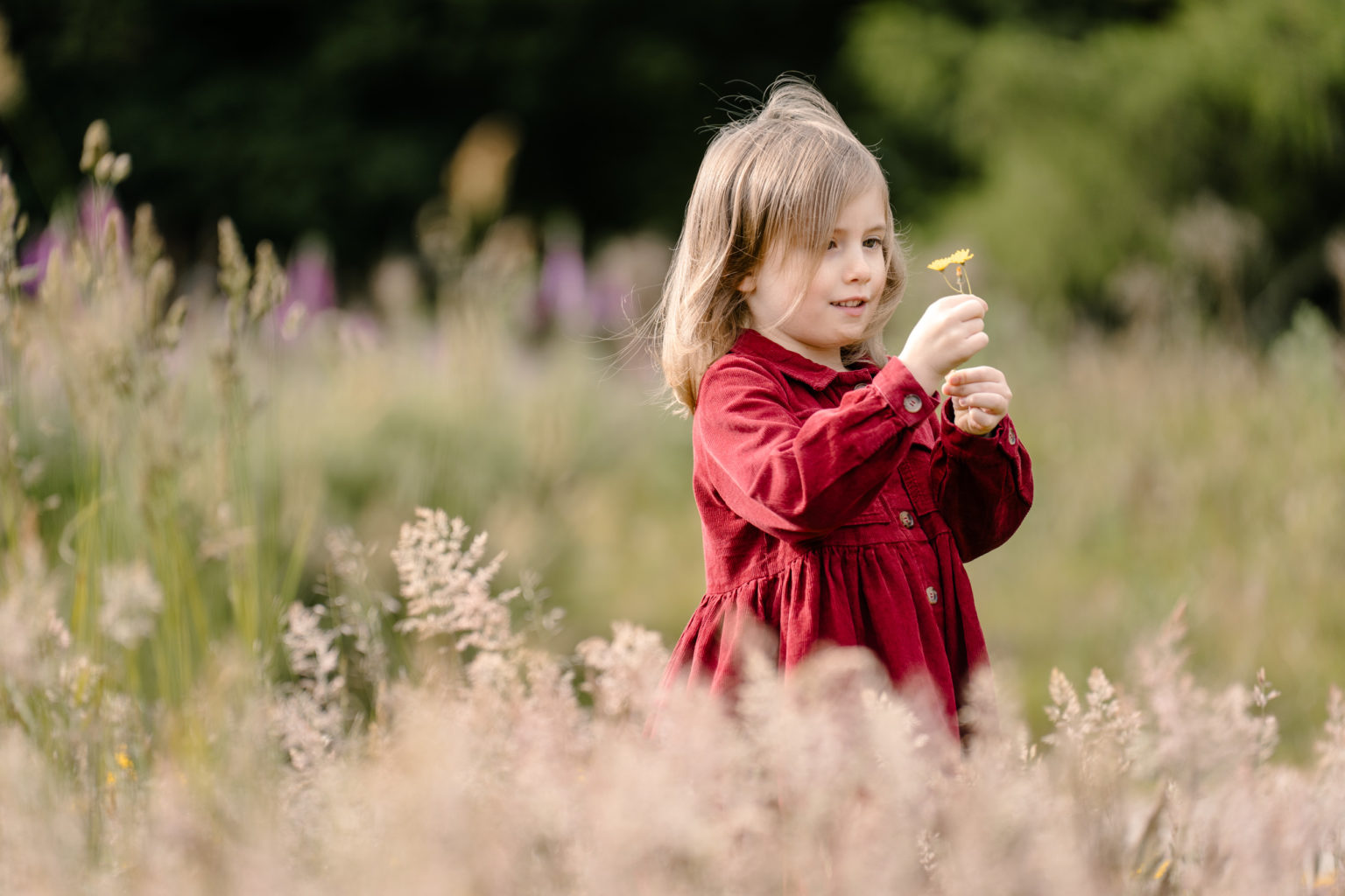Girl holding a small yellow flower while standing in a meadow.